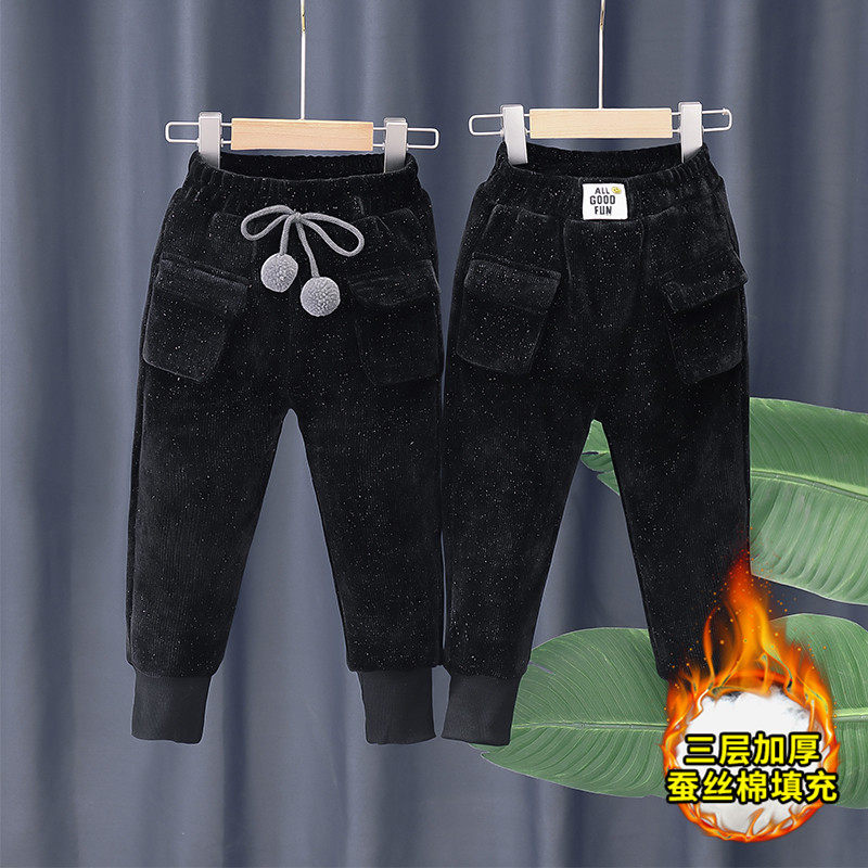 Girls cotton trousers winter clothes sandwich cotton three-layer plus velvet thick outer wear casual girls children big children winter warm pants