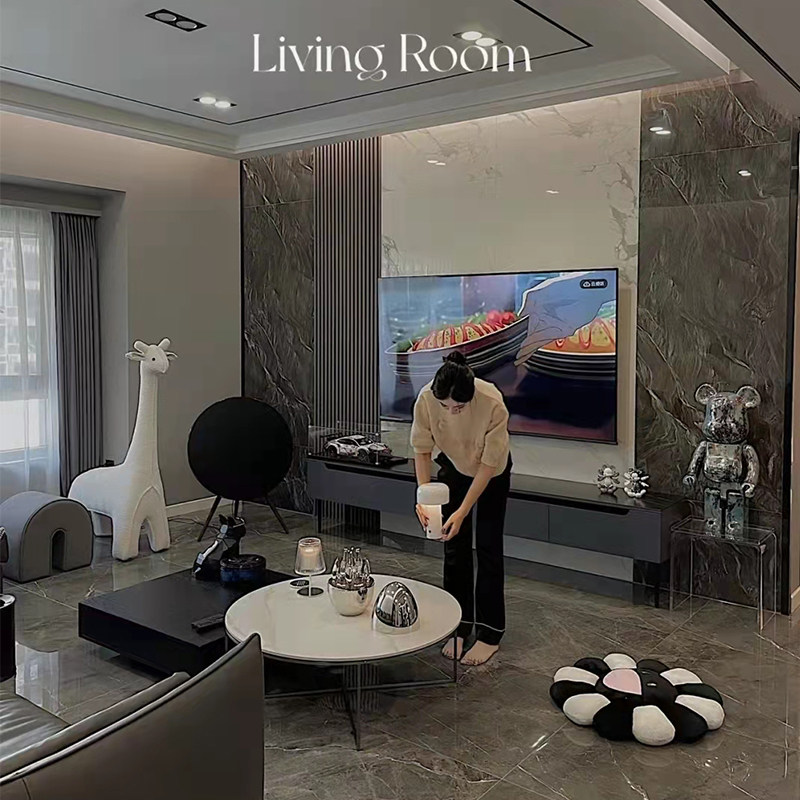 Minimalist coffee table designer light luxury modern round slate living room home simple high and low combination Italian coffee table