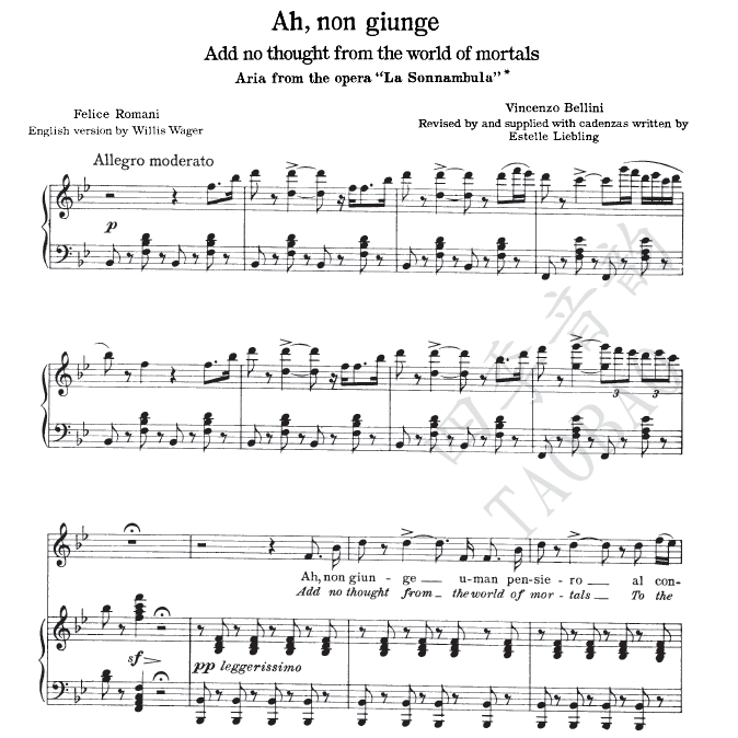 Bellini La Sonnambula Sleepwalking Girl Ah non giunge Vocal Score Piano Accompaniment Score