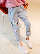 Girl Breaking Hole Jeans 2020 New Long Pants Children Spring Autumn Season CUHK Child Foreign Air Han Version Loose 90% Pants