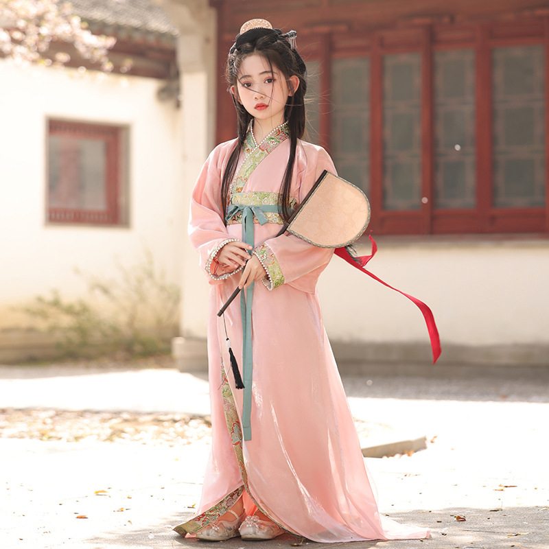 Girls' Pink War Robe with Straight Hem, 2024 New Summer Hanfu, Fairy-Like Long-Sleeved Children's Chinese Style Performance Costume
