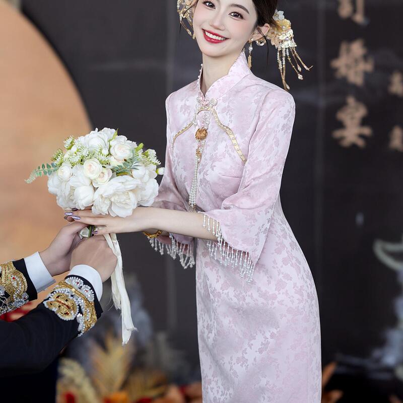 New Chinese-Style Long-Sleeved Cheongsam for Toasting, 2026 Spring New Vintage Elegant Bride Engagement Homecoming Dress for Women