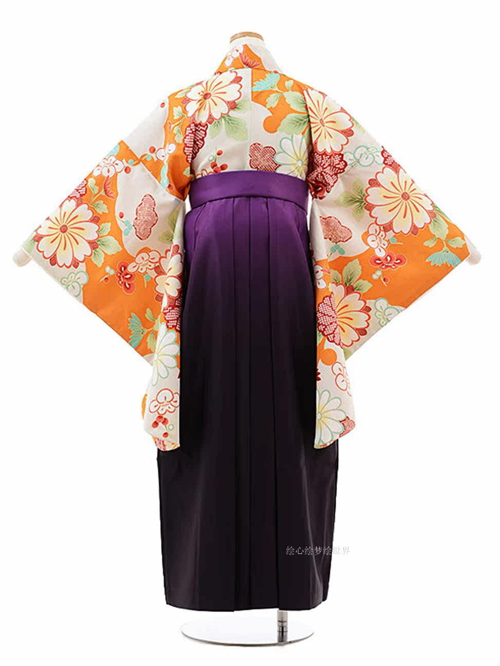 繪夢館 可洗和服二尺袖着物單品 草色or橘x雪輪菊 卒業式