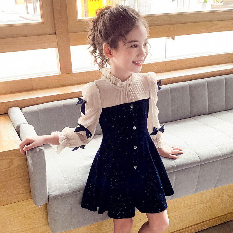 Boomer Girl Foreign Dress Spring Dress 2022 New Foreign Pie Girl Fared High-end Velvet Dress Child Princess Dress