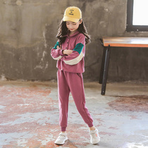  Tide brand girls  suit sports pure cotton 2021 large and small childrens fashionable wild girl net red sports two-piece suit