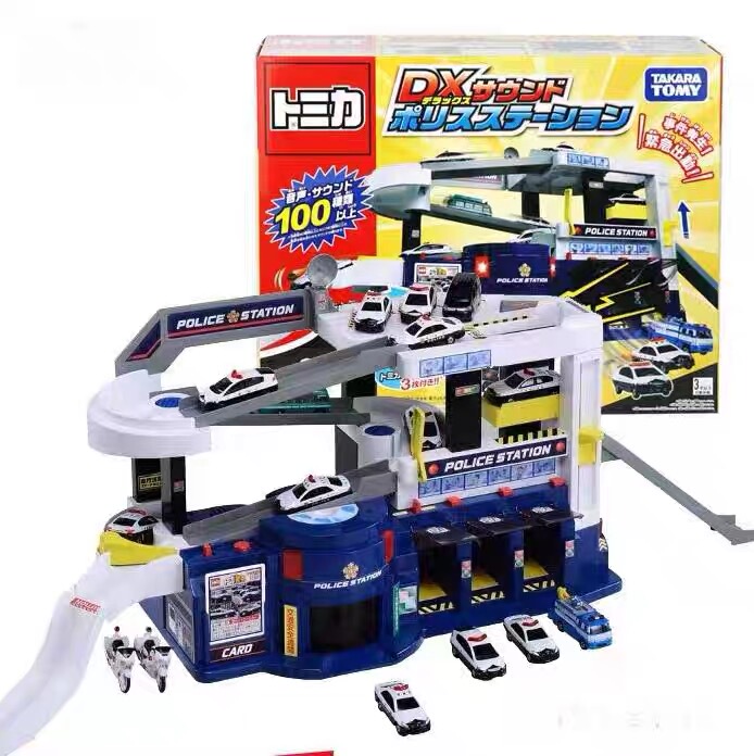 Tomy Tomica Car Parking Garage Track Set Police Fire Station Base Headquarters Combination Toy