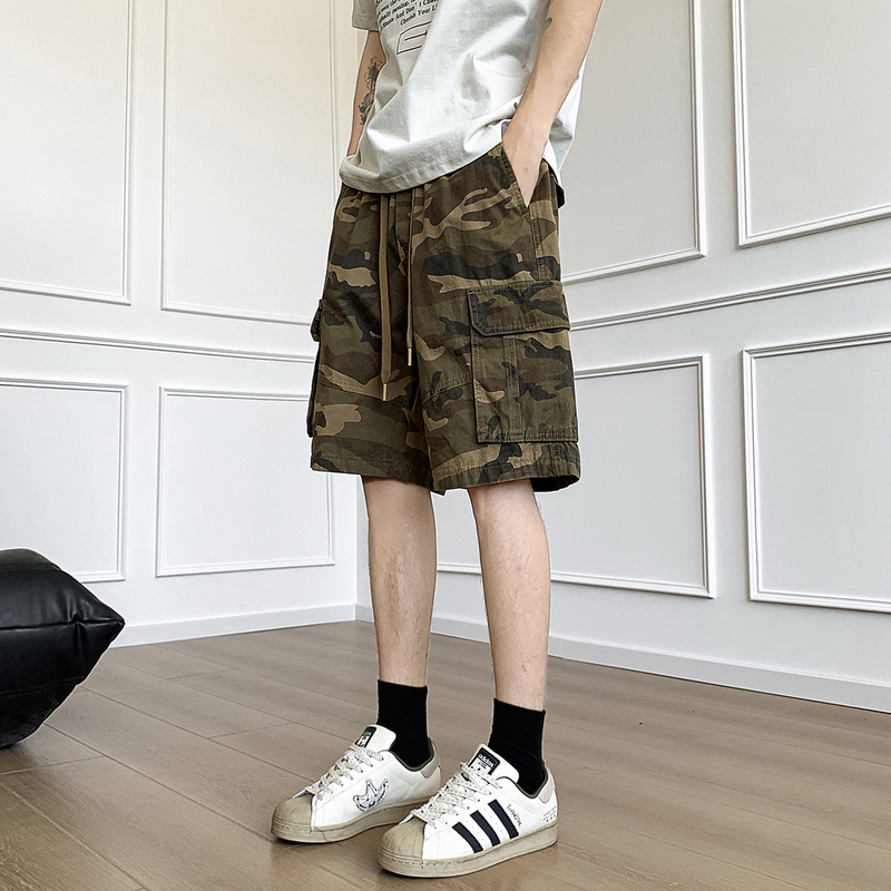 Summer Camouflage Workwear Casual Pants for Men, Loose Straight-Leg Versatile Trendy Cool Solid Color Elastic Waist Knee-Length Shorts