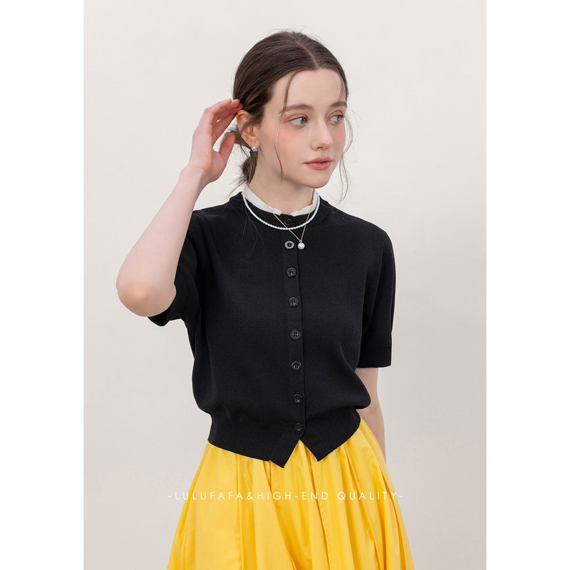 Lulufafa Black Ice Silk Cool Short-Sleeved Round Neck Summer Knitted Sweater