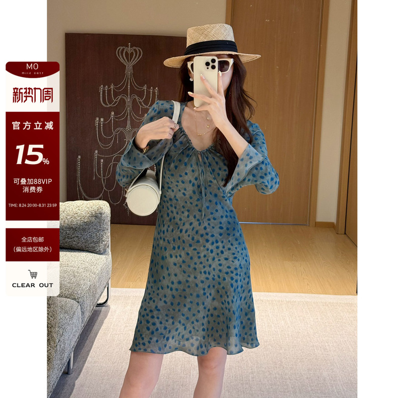 Zhizhi Chicago【Cannes Island Blue】100% Rayon French-Style High-End Polka Dot V-Neck Tie Blue Dress