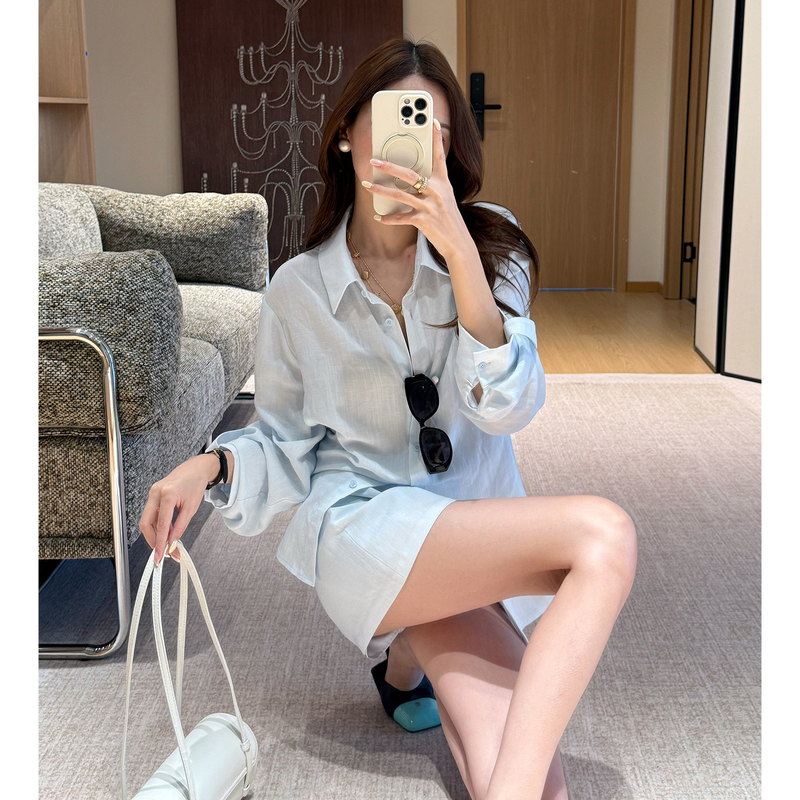 Zhizhi Chicago Tencel Linen Blend Set 2026 Autumn Glacier Blue Relaxed Old Money Style Shirt and Skirt