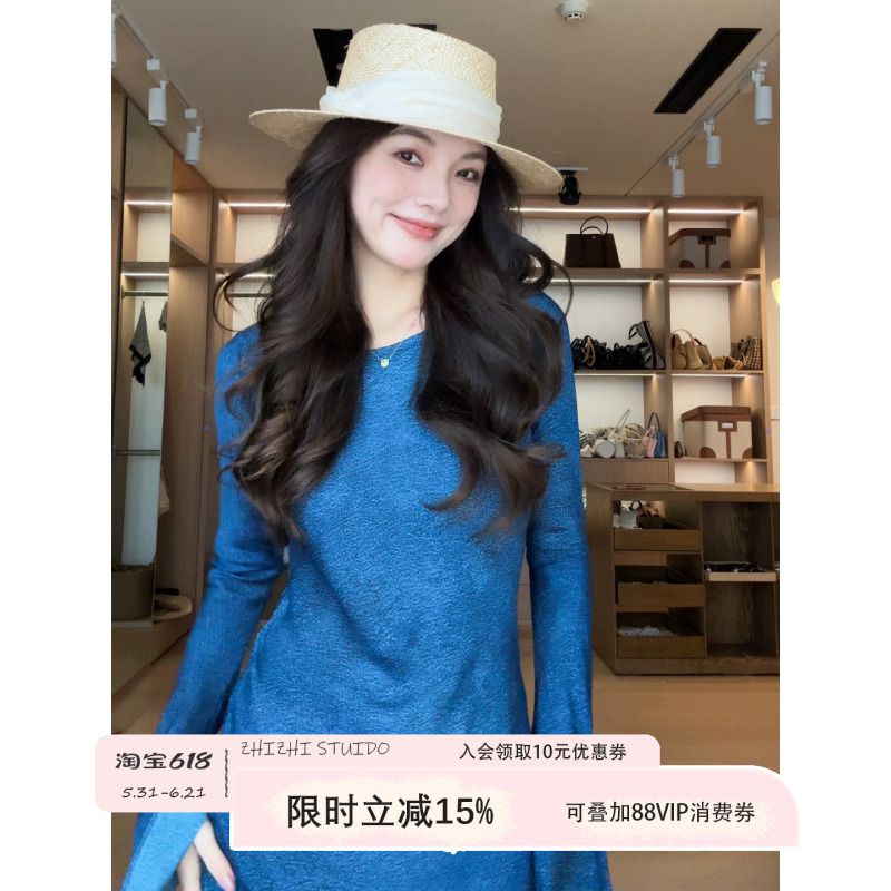 Zhizhi Chicago【Midnight Galaxy】100% Rayon French-Style Elegant Lake Blue Slim-Fit Long-Sleeve Dress Zhizhi Chicago【Midnight Galaxy】100% Rayon French-Style Elegant Lake Blue Slim-Fit Long-Sleeve Dress
