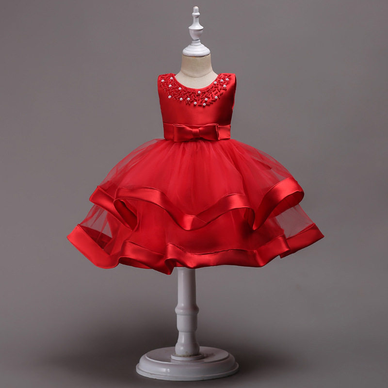 Princess Dress Girl Red Summer Children's Ocean Dress Little Girl Little Host Foreign Pie Dress 61 Out of Costume