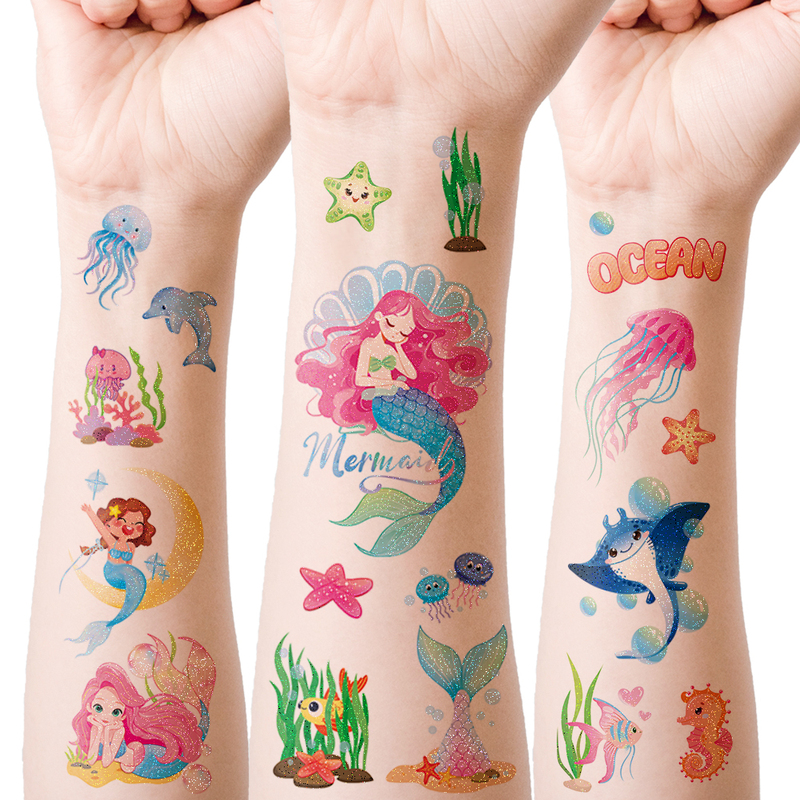 Cartoon Mermaid Style Tattoo Stickers, Forehead Stickers, Face Decoration Stickers, Surrounding Ocean Animals, Unicorns