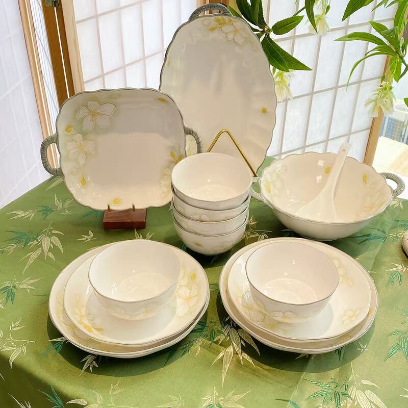 [Golden Leaf 14-Piece Set] High-End Household Tableware Set for 6 People, Including Soup Bowls, Rice Bowls, and Serving Plates