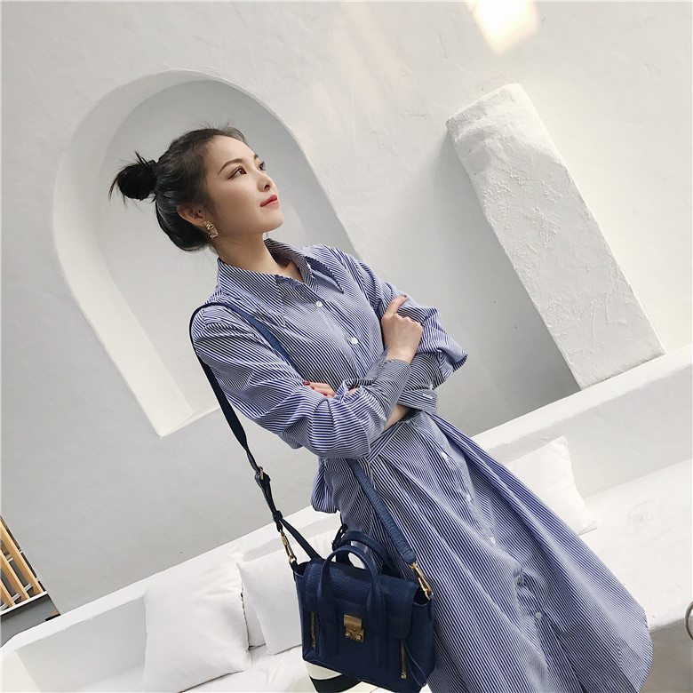VK旗艦店 韓國風條紋綁帶腰帶百搭襯衫裙長袖洋裝