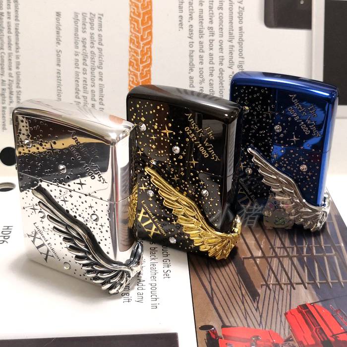 Pig Zippo Japanese Edition Limited Black Ice Silver Plated Environmental Protection Ice Starlight Angel Wings PAW-119SI BNG BLS