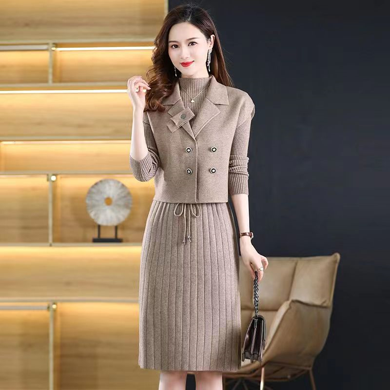 Maxmurny Accessible Luxury Fashion Autumn and Winter New Wool Suit Dress Knitted Age-Reducing Waist-Cinching Two-Piece Set