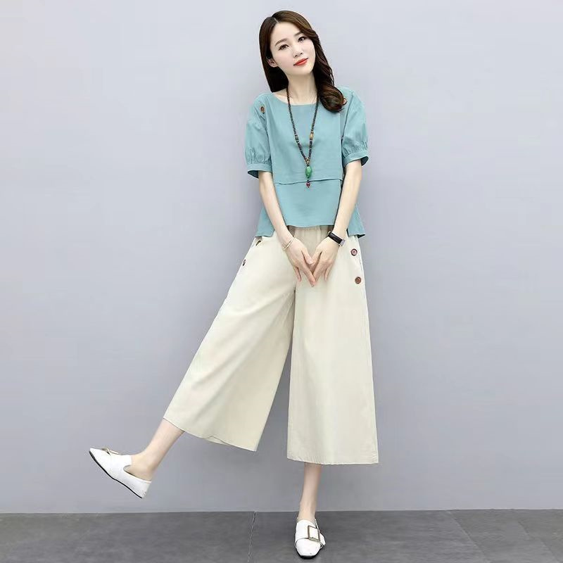 Maxmurny Light Luxury Fashion High-End Cotton and Linen Wide-Leg Pants Suit for Women Summer Retro Slimming Casual Two-Piece Set