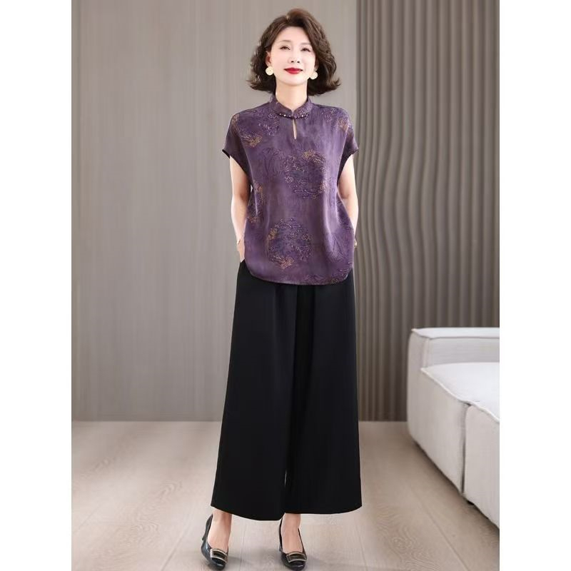 Maxmurny Light Luxury Fashion Summer New Two-Piece Set Silk Age-Reducing Plus-Size Loose Wide-Leg Pants Slimming Outfit