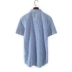Q series quần áo mùa xuân và mùa hè rút tiền nam màu xanh kẻ sọc Hàn Quốc nghệ thuật áo sơ mi ngắn tay giản dị 11650 - Áo