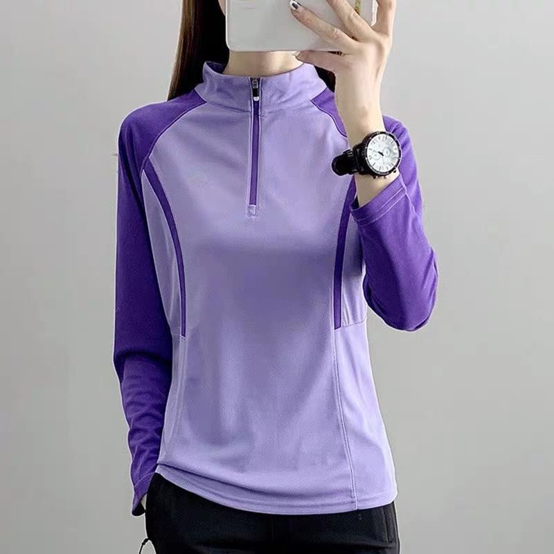 Outdoor Quick-Drying Long-Sleeved Women's Color-Blocked Moisture-Wicking Breathable Thin Quick-Drying Clothing Running Exercise Sports Stand-Up Collar T-Shirt