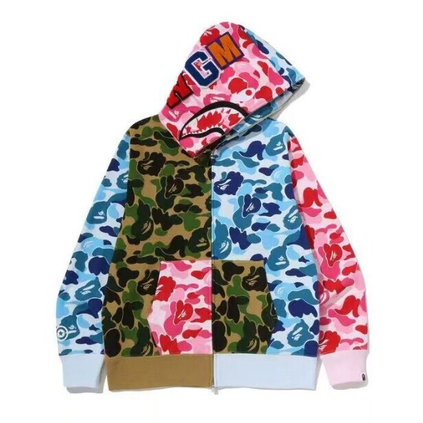 Camouflage Shark Head Hooded Pure Cotton Sweatshirt for Men and Women, Trendy Brand Zip-Up Jacket, Couple Style Printed Casual Jacket