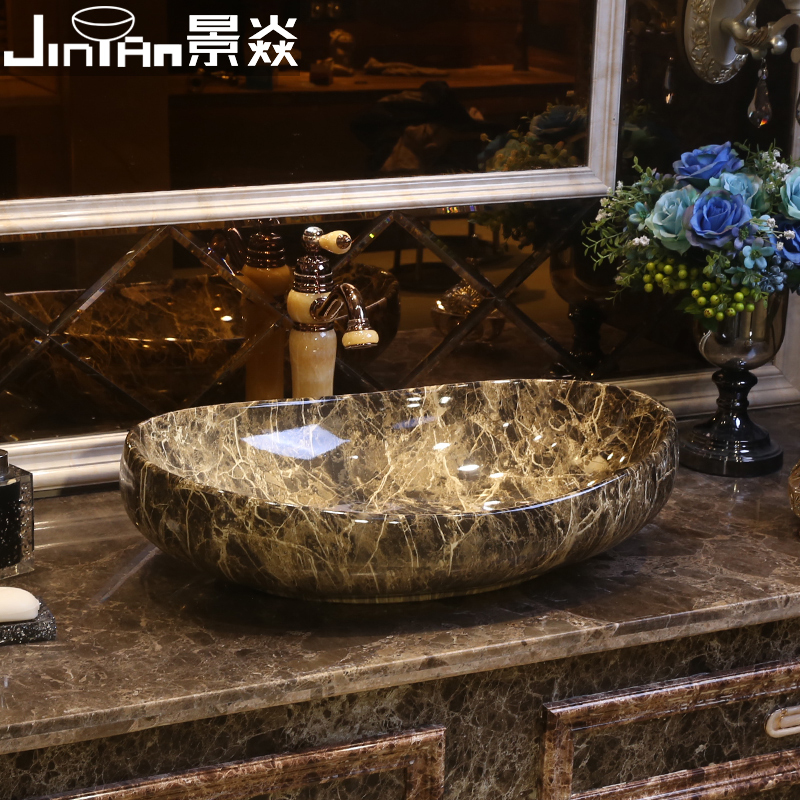 Jingyan Marble-Patterned Artistic Countertop Basin, Vintage Ceramic Washbasin, European-Style Countertop Basin, Bathroom Countertop Washbasin