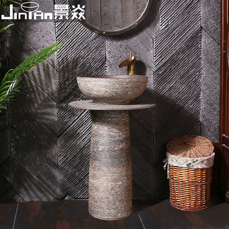 Jingyan brown horizontal striped basin integrated floor-standing column basin ceramic column washbasin outdoor washbasin