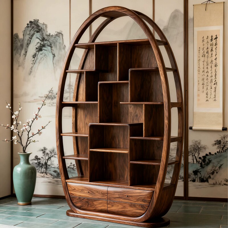 Vintage-Style Walnut Wood Display Shelf, Classical Solid Wood Tea Rack, Display Stand, Tea Room Ornament, Multi-Treasure Cabinet Storage Shelf