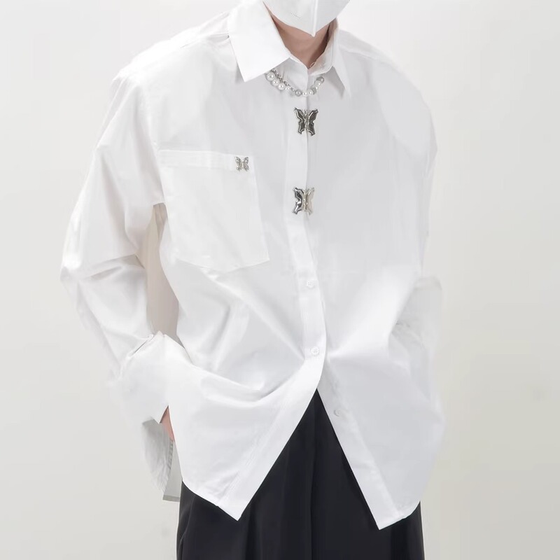 High-End Shoulder-Padded Long-Sleeved Shirt for Men and Couples, Fashionable Spring and Autumn Metal Butterfly Buckle Niche Design Casual Shirt