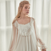 Nightdress Womens Spring and Autumn Long Sleeve Long Dress Princess Court Loose Sexy Sweet Lace Fairy Modal Pajamas