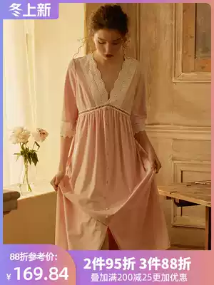 Chenxi original Palace wind nightgown women long version deep V small sexy knitted cotton home clothing pajamas summer thin autumn