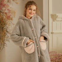 Chenxi original winter long pajamas home clothes robe loose hair coral velvet hooded thick warm suit