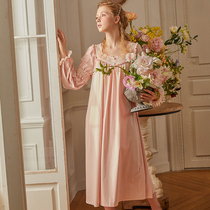 Chenxi Nightdress Womens Spring and Autumn Long Sleeve Long Skirt Knitted Cotton French Retro Princess Lace Sexy Home Wear Pajamas