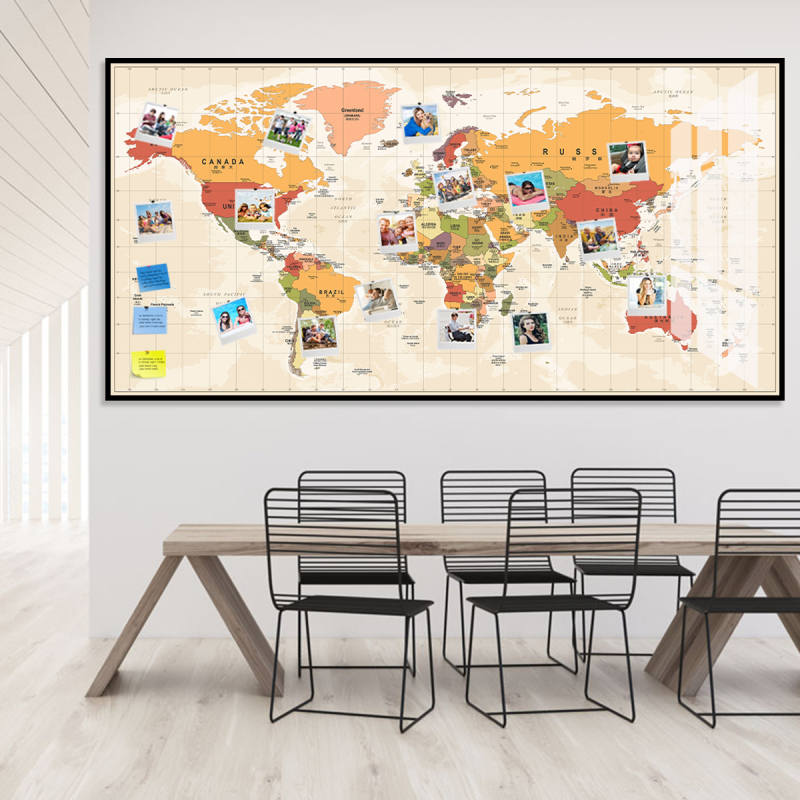 Simple World Map Office Wall Decoration Painting Travel Check-In Business Magnetic Push Pin Marker Living Room Hanging Painting