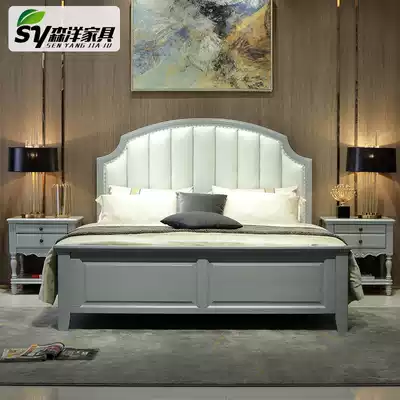 American modern simple BMW gray bedside vertical stripe white soft leather air pressure high Box storage full solid wood bed