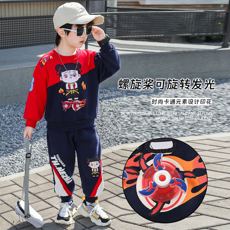 Одежда Nezha Hot Wheels для мальчиков, весенний костюм, новинка 2025 года, детская модная спортивная одежда, костюм-двойка для маленьких и средних детей Изображение 1