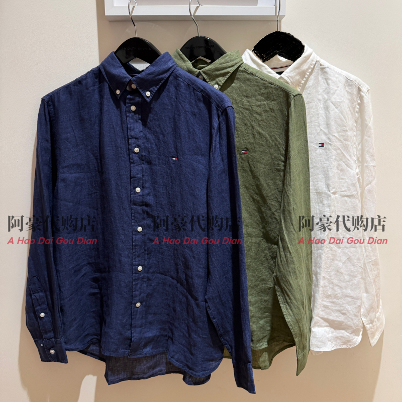 Tommy Hilfiger26 New Spring and Summer Men's Linen Casual Work Clothing Solid Color Long-Sleeved Shirt Mw44094