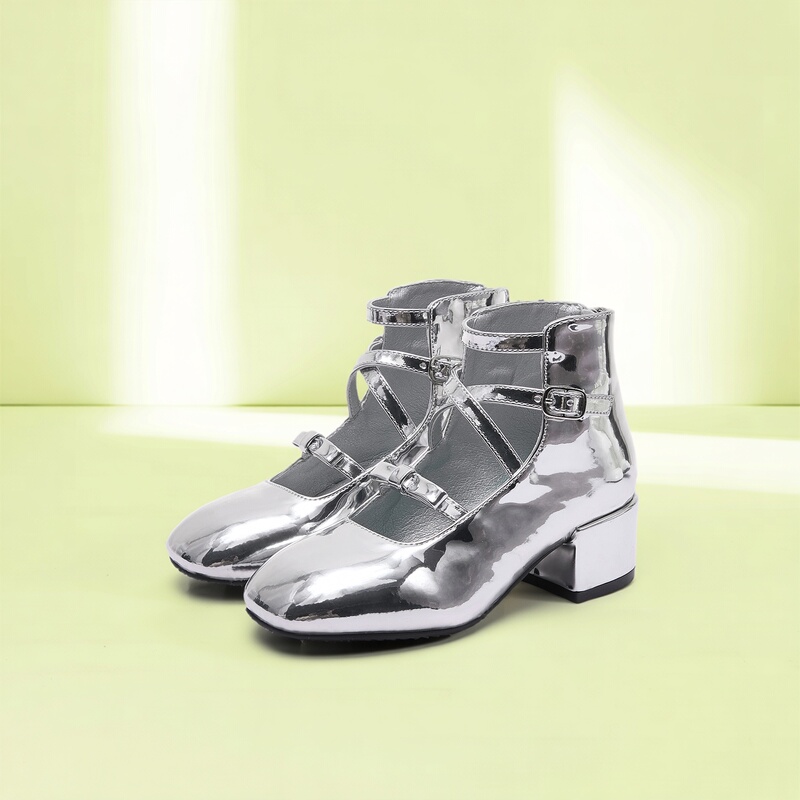 Girls' Catwalk Stage Shoes, Thick-Heeled Soft Mary Jane Stage Shiny Leather Shoes, High-Heeled Performance Sandals