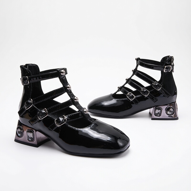 Original Design Girls' Runway Shoes, High Heels, Low-Cut Mary Jane Stage Performance Fashion Shiny Patent Leather Shoes with Diamond Buckle