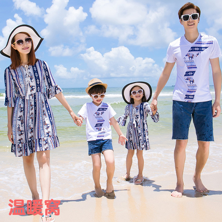 Ethnic style family travel vacation summer print sleeve mother and daughter dress mother and son father and daughter father and son parent-child dress