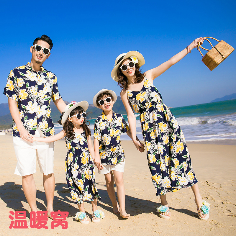 Ethnic style family vacation printing beach mother-daughter skirt father-daughter mother-son father-son shirt summer family parent-child wear tide