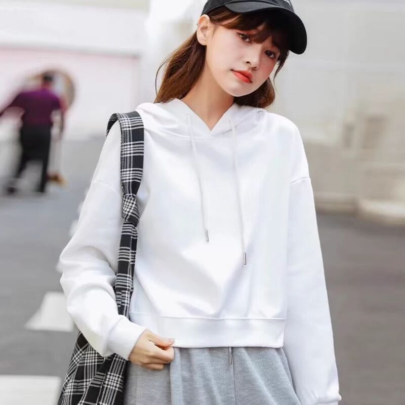 Popular Korean Style White Pure Cotton Short Hooded Sweatshirt for Petite Women, Loose Fit for Autumn and Winter, Can Be Worn as an Inner Layer or Outerwear, Trendy Hoodie Popular Korean Style White Pure Cotton Short Hooded Sweatshirt for Petite Women, Loose Fit for Autumn and Winter, Can Be Worn as an Inner Layer or Outerwear, Trendy Hoodie