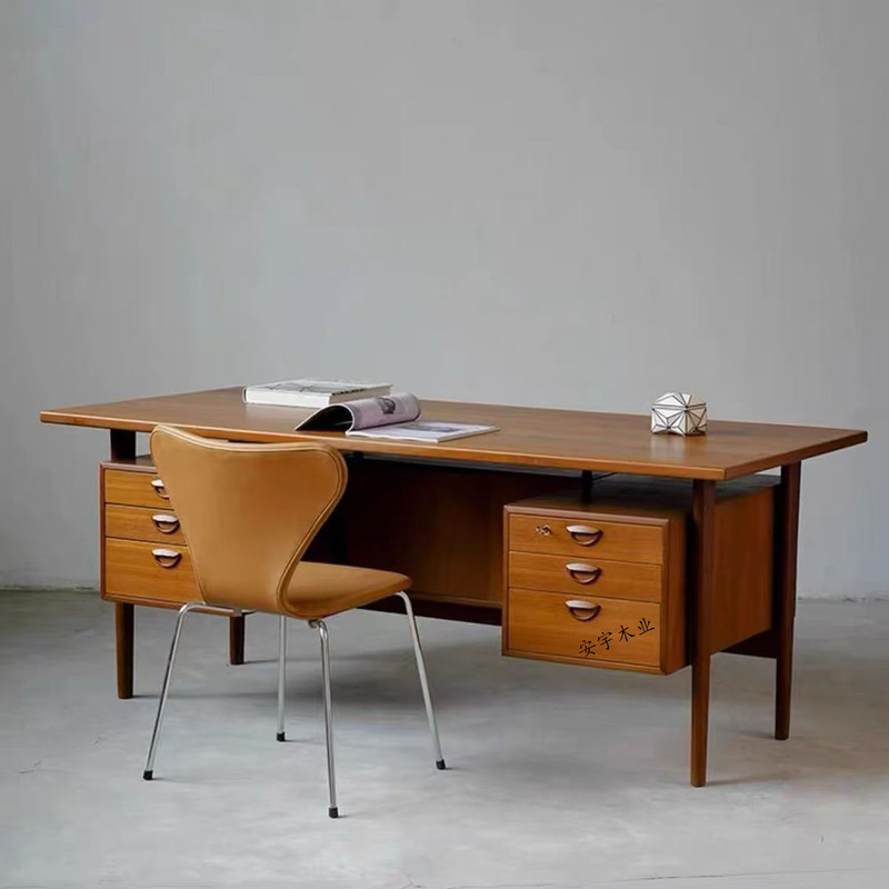 Danish Mid-Century Style Burmese Teak Solid Wood Desk, Designer Double-Sided Writing Desk, Computer Desk