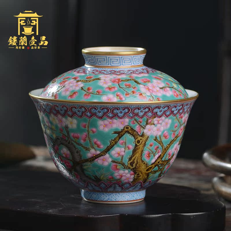 Jingdezhen ceramic all hand - made pastel turquoise name plum blossom put only two to three tea tureen large bowl of tea set