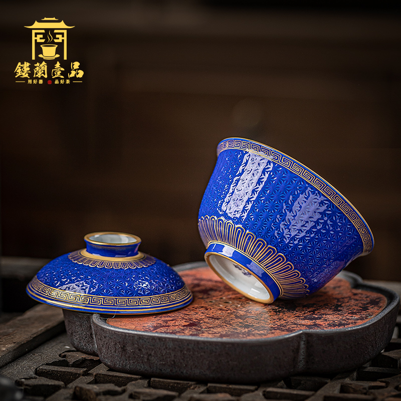 Jingdezhen ceramics old blue glaze see hand - cut tureen kung fu tea bowl suit household single cup by hand