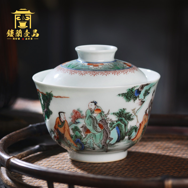 Jingdezhen Ceramics Full-Hand Painted Antique Color Group Fairy Will Make Tea Lid Bowl Three Talents to cover the bowl Gongfu tea furniture cover group