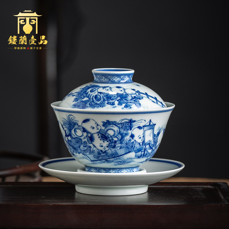 Jingdezhen ceramic hand - made lad of blue and white porcelain all three tureen large household kung fu tea tea bowl cups