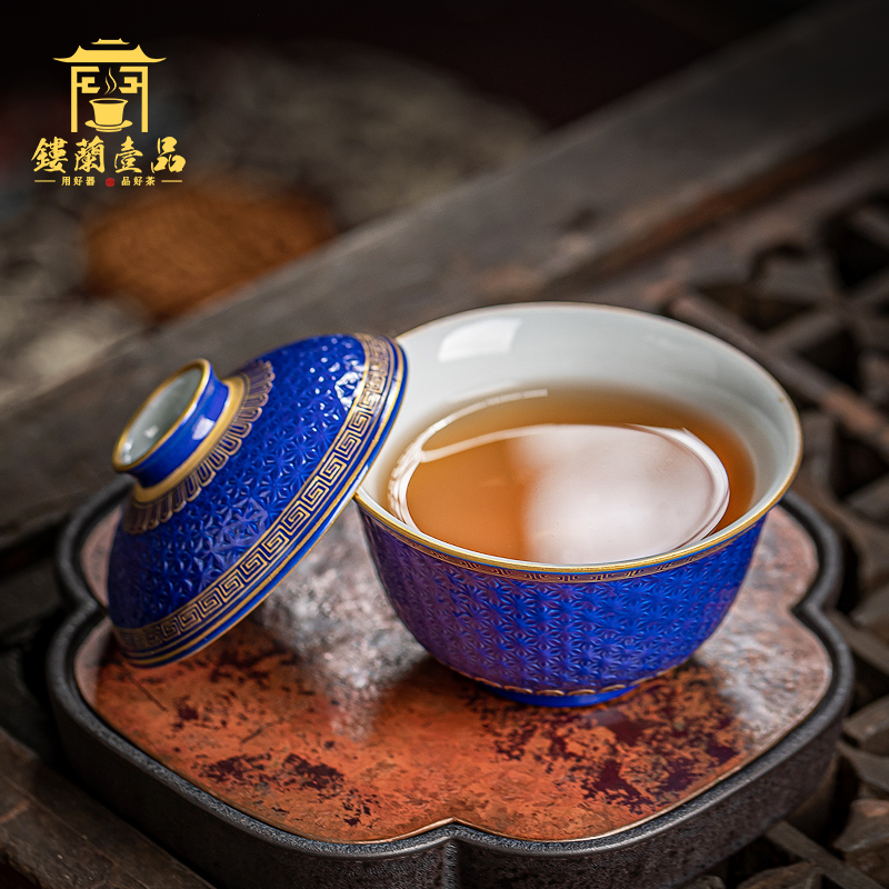 Jingdezhen ceramics old blue glaze see hand - cut tureen kung fu tea bowl suit household single cup by hand