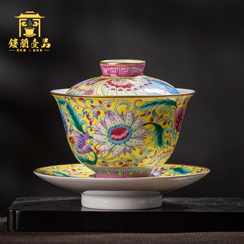 Jingdezhen ceramics all hand pastel yellow recent three to make tea tureen large bowl set of tea cups